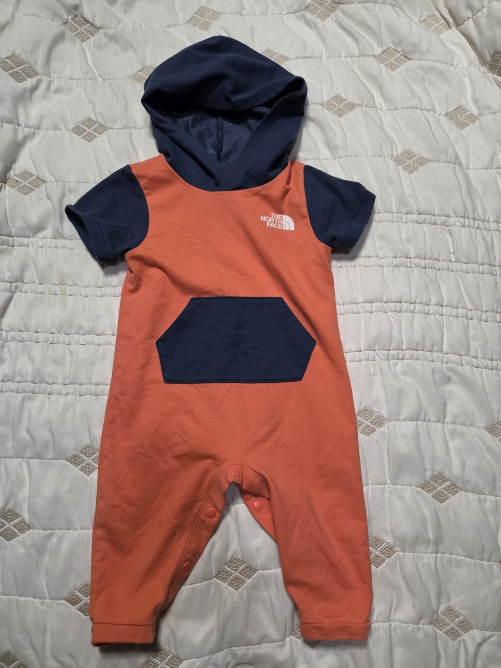 The North Face Orange and Navy Hooded Baby One-Piece Size 6-12 Months